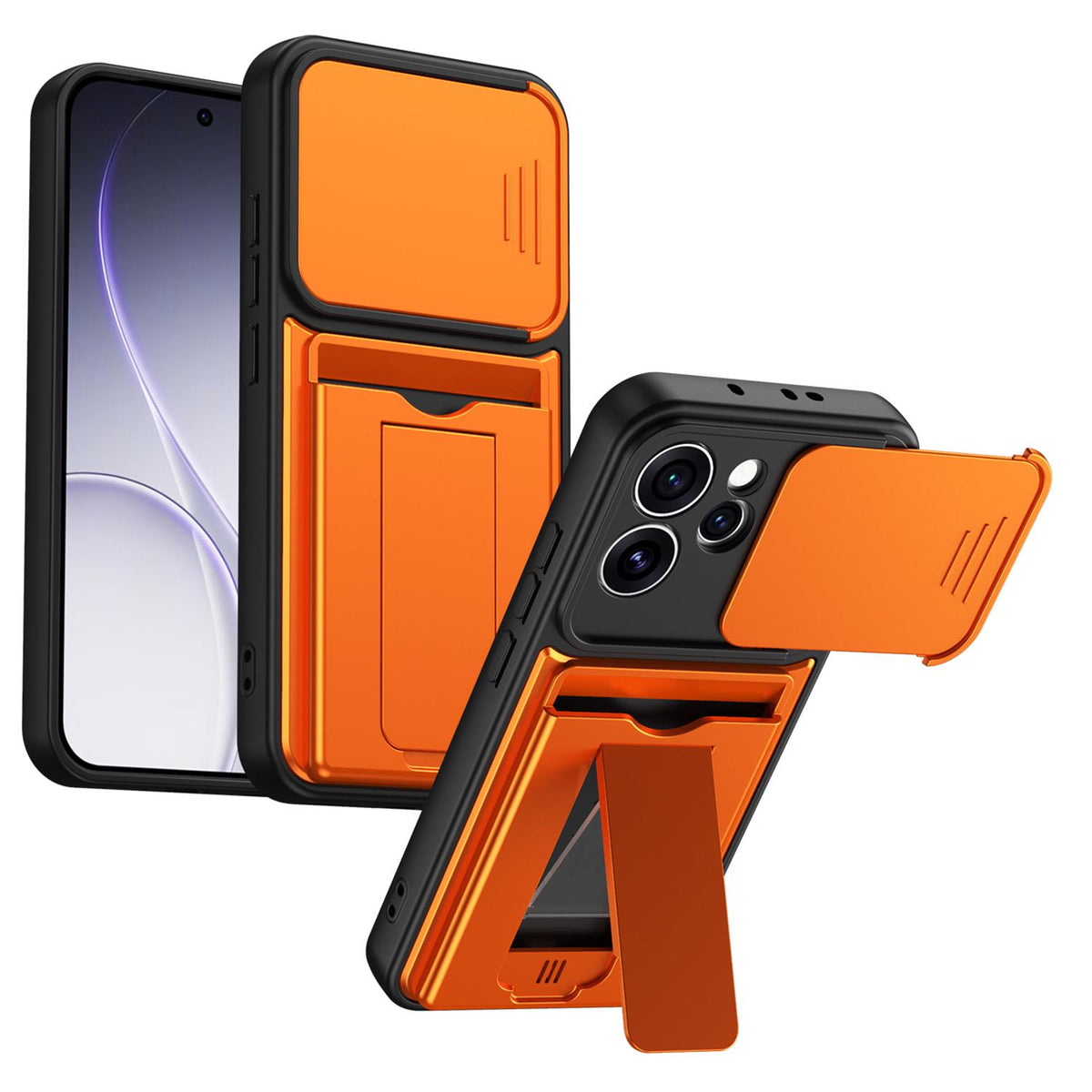 For OPPO Reno15 Pro 5G Global Card Holder Series Sliding Lens Cover PC Hybrid TPU Phone Case - Orange - EDA009709804C