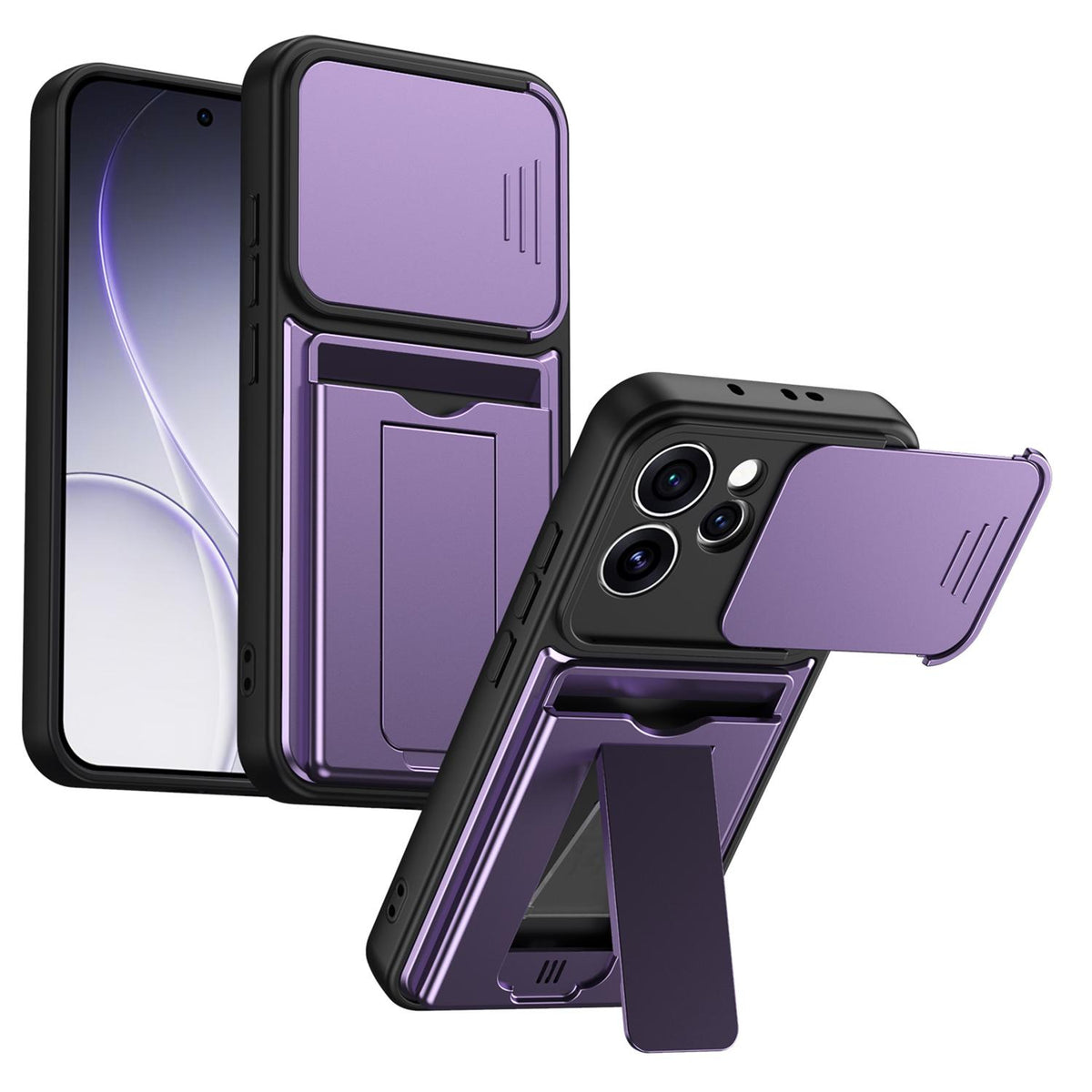 For OPPO Reno15 Pro 5G Global Card Holder Series Sliding Lens Cover PC Hybrid TPU Phone Case - Purple - EDA009709804E
