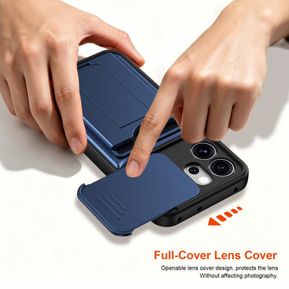 For OPPO Reno15 Pro Max 5G Global Card Holder Series Sliding Lens Cover PC Hybrid TPU Phone Case - Blue - EDA009709805B