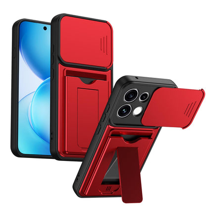 For OPPO Reno16 F / Reno16 FS 5G Card Holder Series Sliding Lens Cover PC Hybrid TPU Phone Case - Red - EDA009709807A