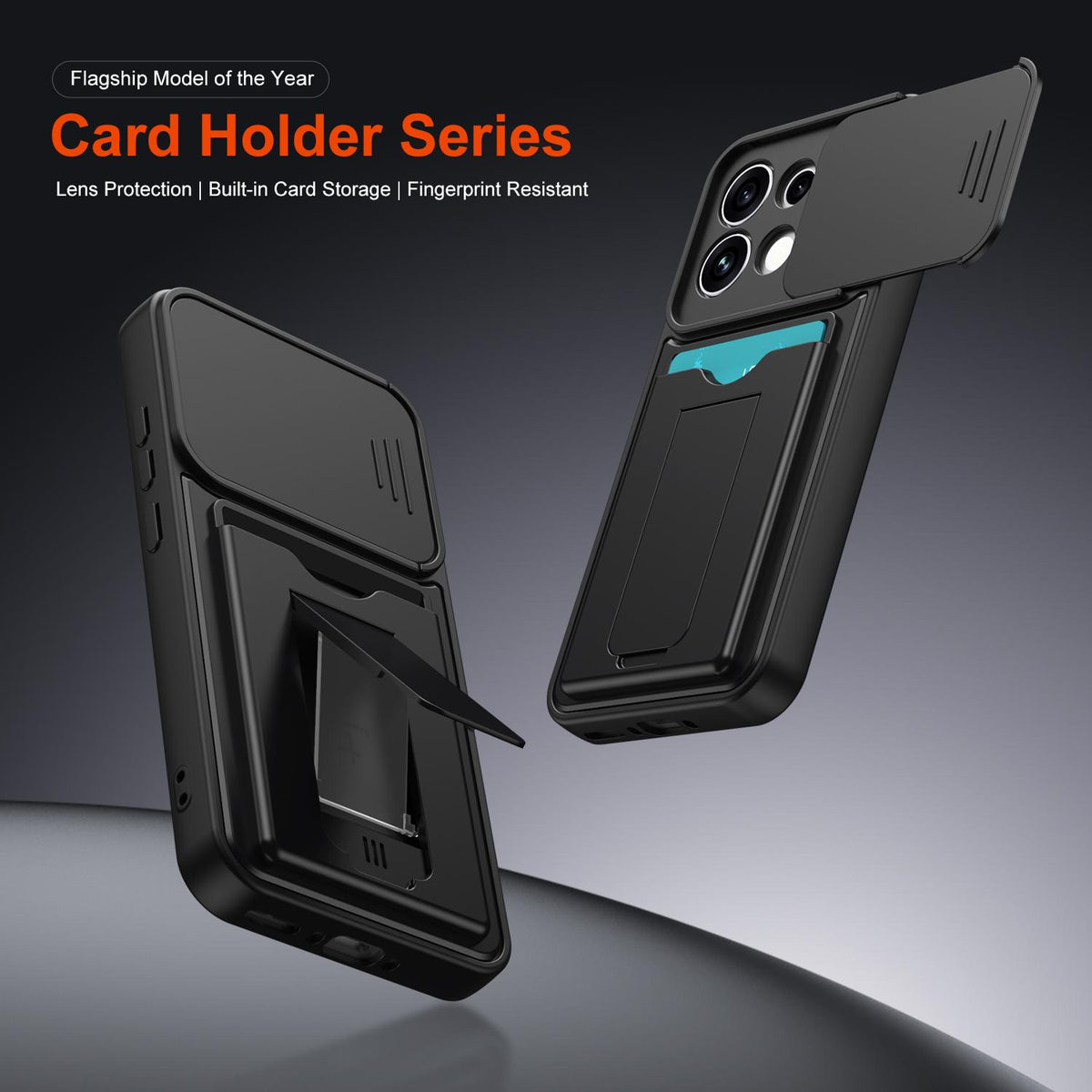 For OPPO Reno16 F / Reno16 FS 5G Card Holder Series Sliding Lens Cover PC Hybrid TPU Phone Case - Orange - EDA009709807C