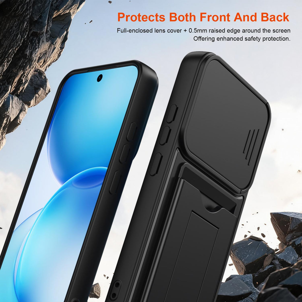 For OPPO Reno16 F / Reno16 FS 5G Card Holder Series Sliding Lens Cover PC Hybrid TPU Phone Case - Orange - EDA009709807C