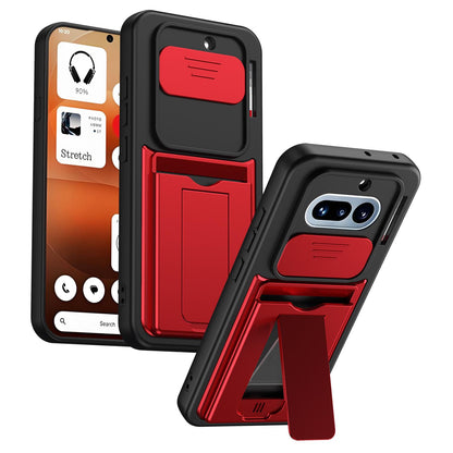 For Nothing Phone 4a Card Holder Series Sliding Lens Cover PC Hybrid TPU Phone Case - Red - EDA009709902A
