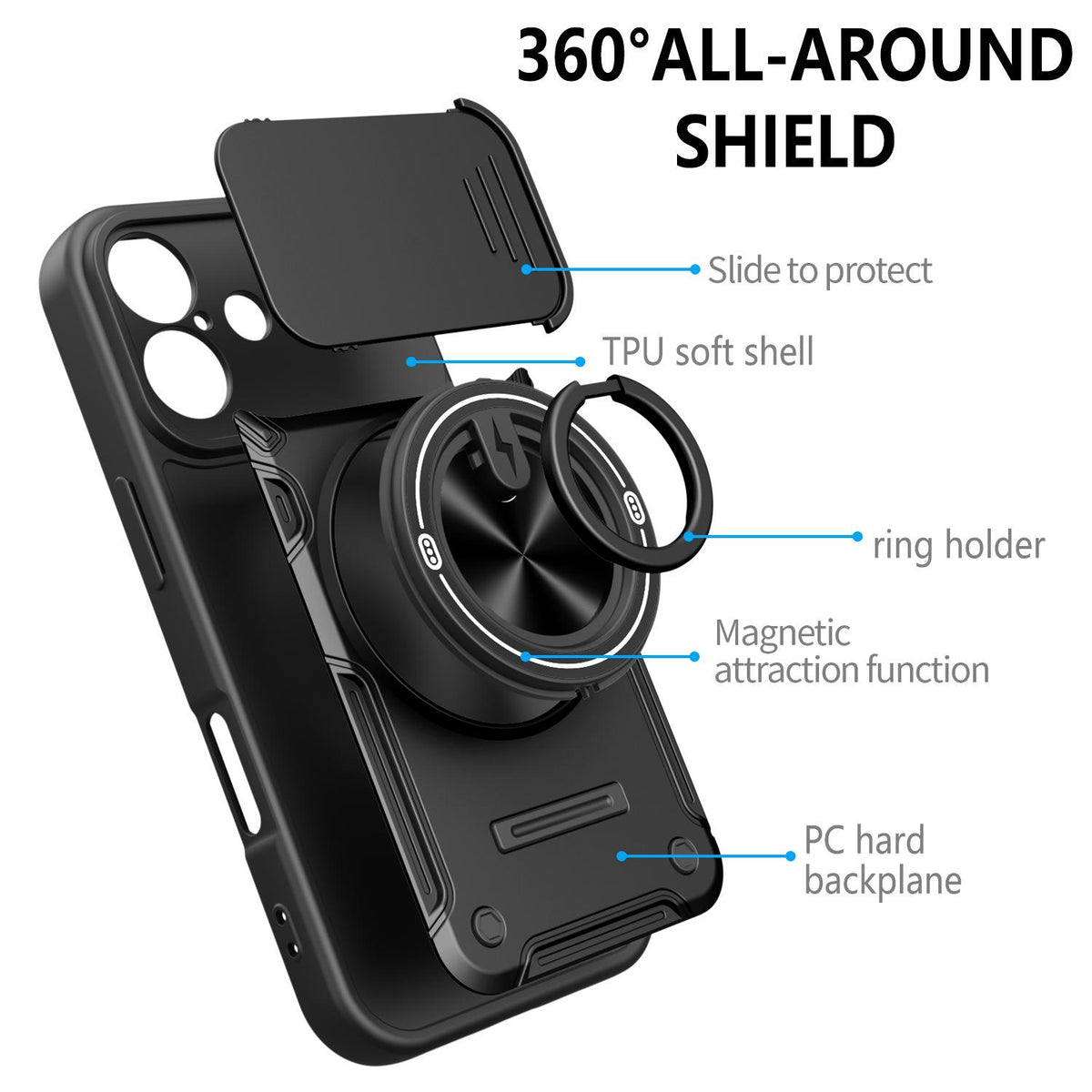 For iPhone 16 Multifunctional Sliding Camshield Ring Holder Phone Case - Blue - EDA009712306B