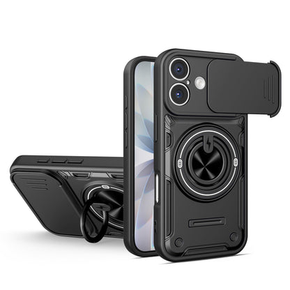 For iPhone 16 Multifunctional Sliding Camshield Ring Holder Phone Case - Black - EDA009712306C