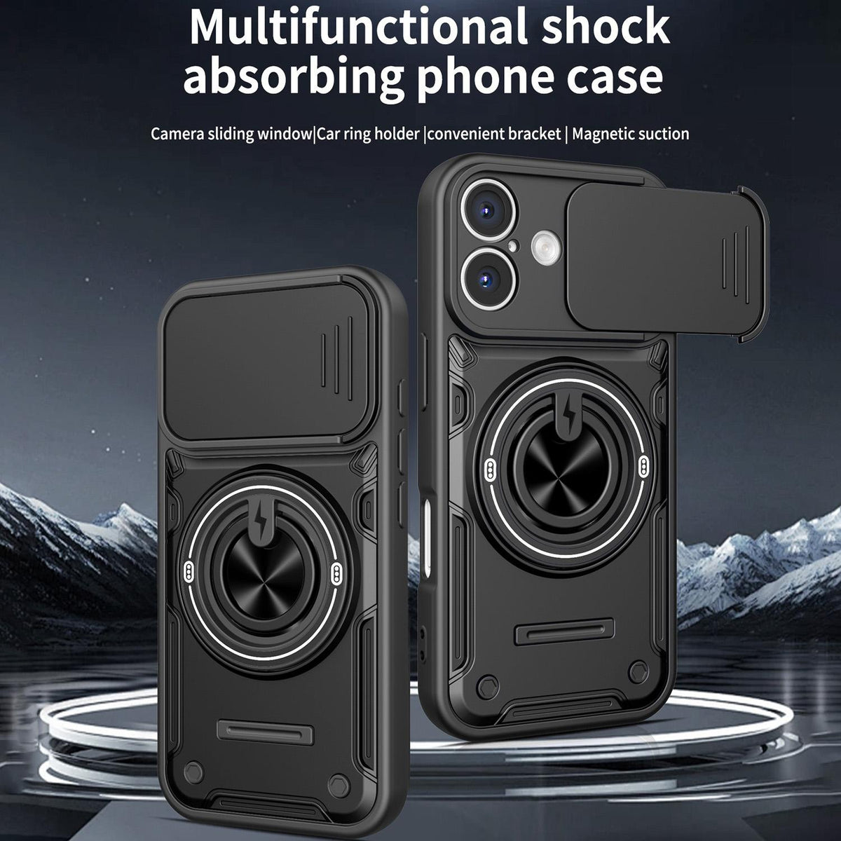For iPhone 16 Multifunctional Sliding Camshield Ring Holder Phone Case - Black - EDA009712306C