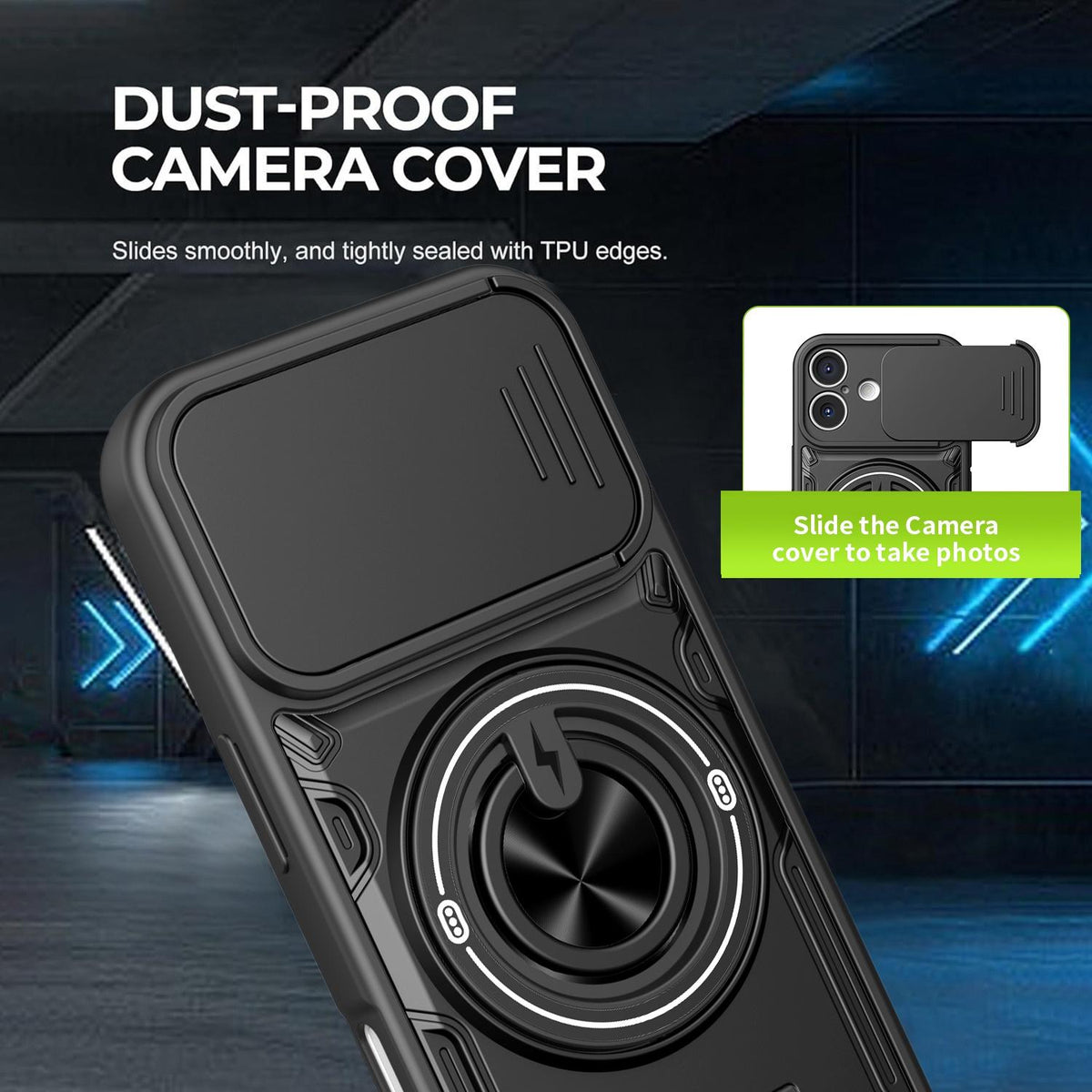 For iPhone 16 Multifunctional Sliding Camshield Ring Holder Phone Case - Black - EDA009712306C