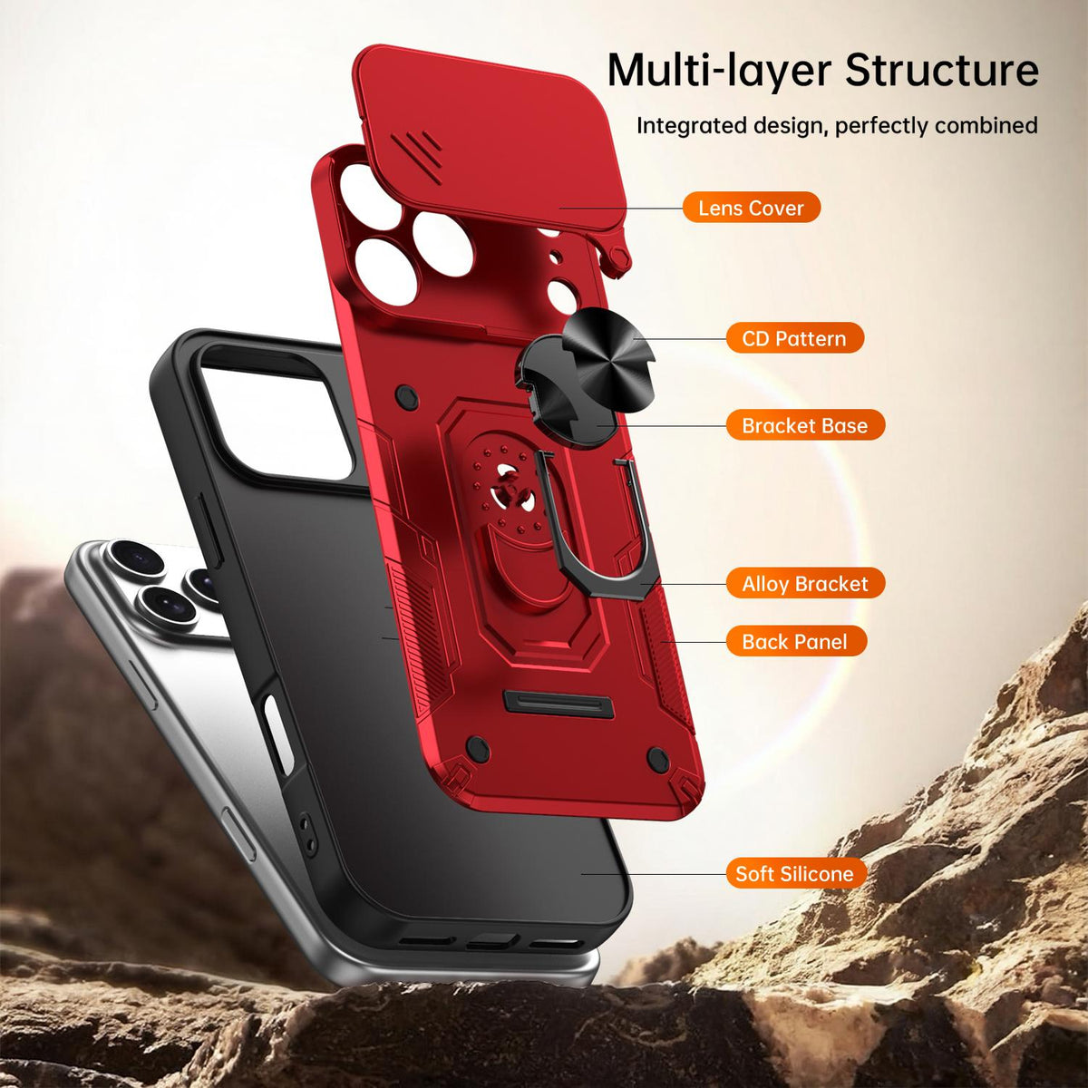 For iPhone 17 Pro Max Nanshan Armor Sliding Camshield Ring Holder Phone Case - Red - EDA009714301D