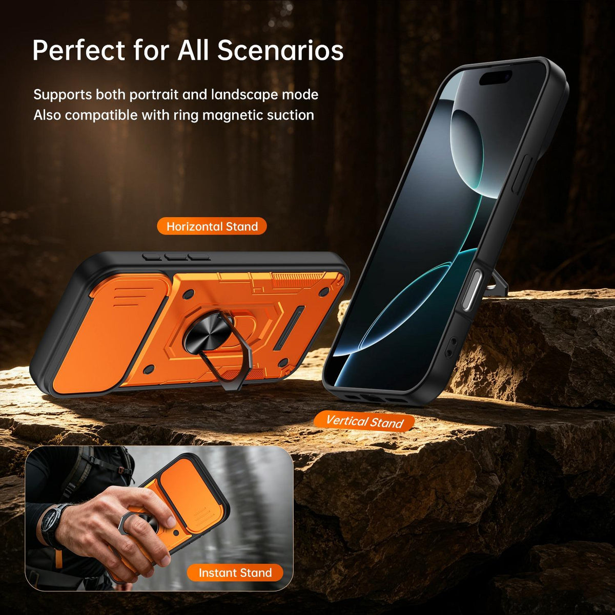 For iPhone 16 Pro Max Nanshan Armor Sliding Camshield Ring Holder Phone Case - Orange - EDA009714304A