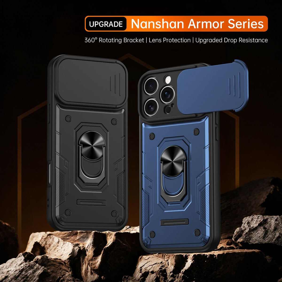 For iPhone 16 Pro Max Nanshan Armor Sliding Camshield Ring Holder Phone Case - Blue - EDA009714304B