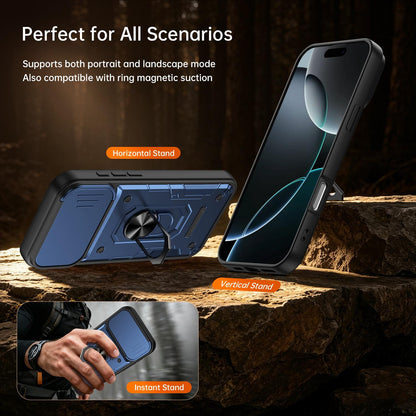 For iPhone 16 Pro Max Nanshan Armor Sliding Camshield Ring Holder Phone Case - Blue - EDA009714304B