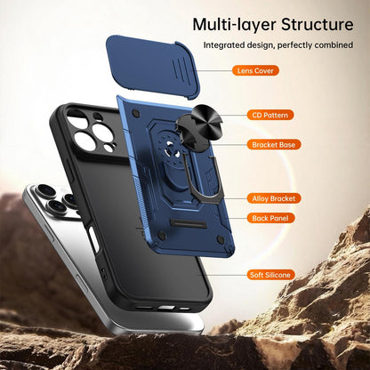 For iPhone 16 Pro Max Nanshan Armor Sliding Camshield Ring Holder Phone Case - Blue - EDA009714304B