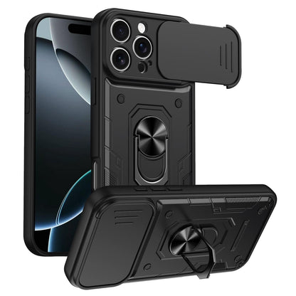 For iPhone 16 Pro Max Nanshan Armor Sliding Camshield Ring Holder Phone Case - Black - EDA009714304C