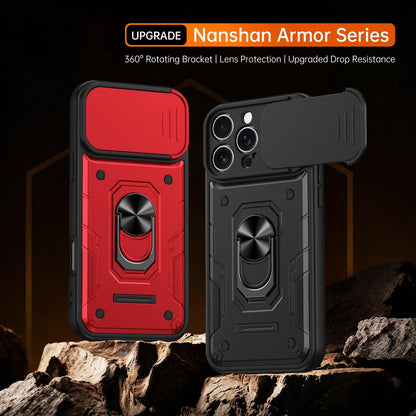 For iPhone 16 Pro Max Nanshan Armor Sliding Camshield Ring Holder Phone Case - Black - EDA009714304C