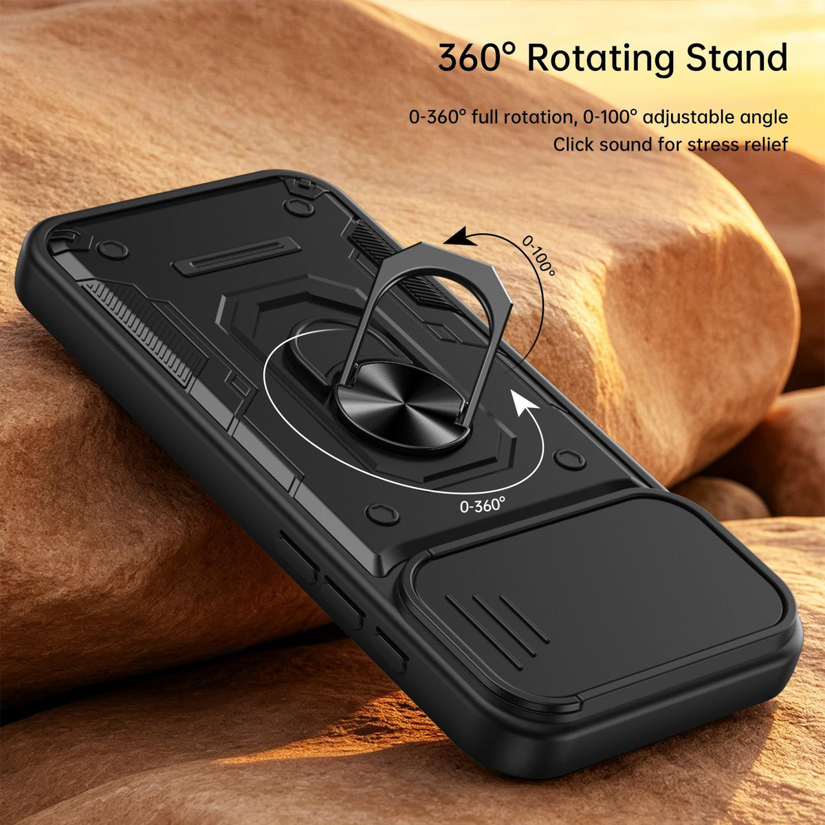 For iPhone 16 Pro Max Nanshan Armor Sliding Camshield Ring Holder Phone Case - Black - EDA009714304C