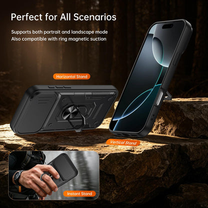 For iPhone 16 Pro Max Nanshan Armor Sliding Camshield Ring Holder Phone Case - Black - EDA009714304C
