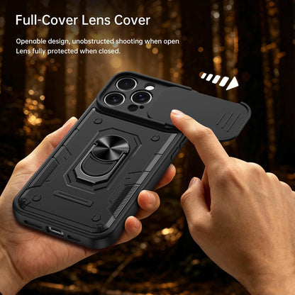 For iPhone 16 Pro Max Nanshan Armor Sliding Camshield Ring Holder Phone Case - Black - EDA009714304C