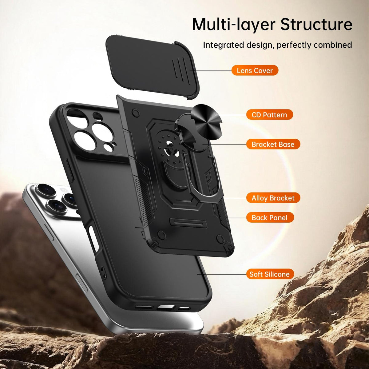 For iPhone 16 Pro Max Nanshan Armor Sliding Camshield Ring Holder Phone Case - Black - EDA009714304C