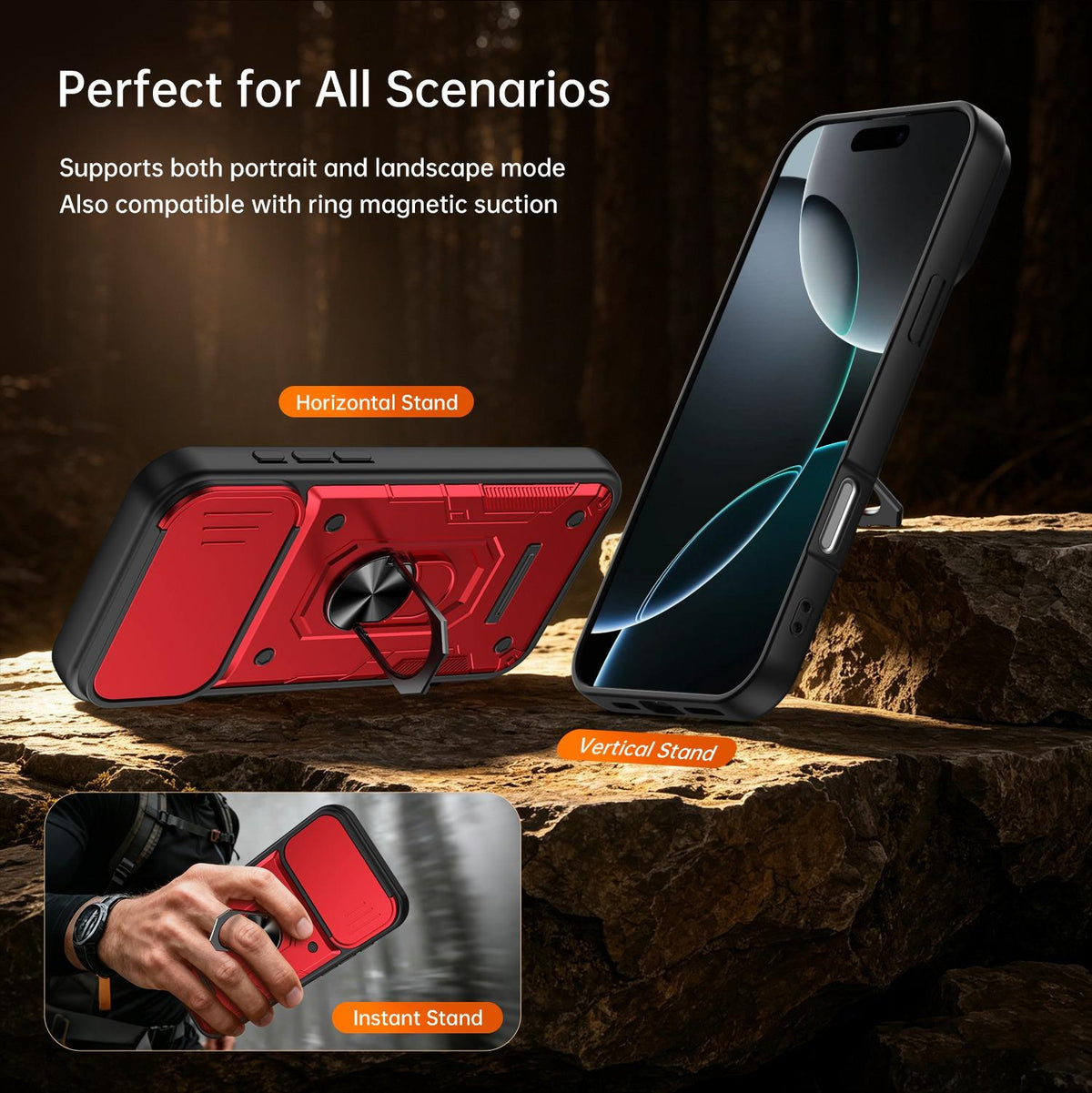 For iPhone 16 Pro Max Nanshan Armor Sliding Camshield Ring Holder Phone Case - Red - EDA009714304D
