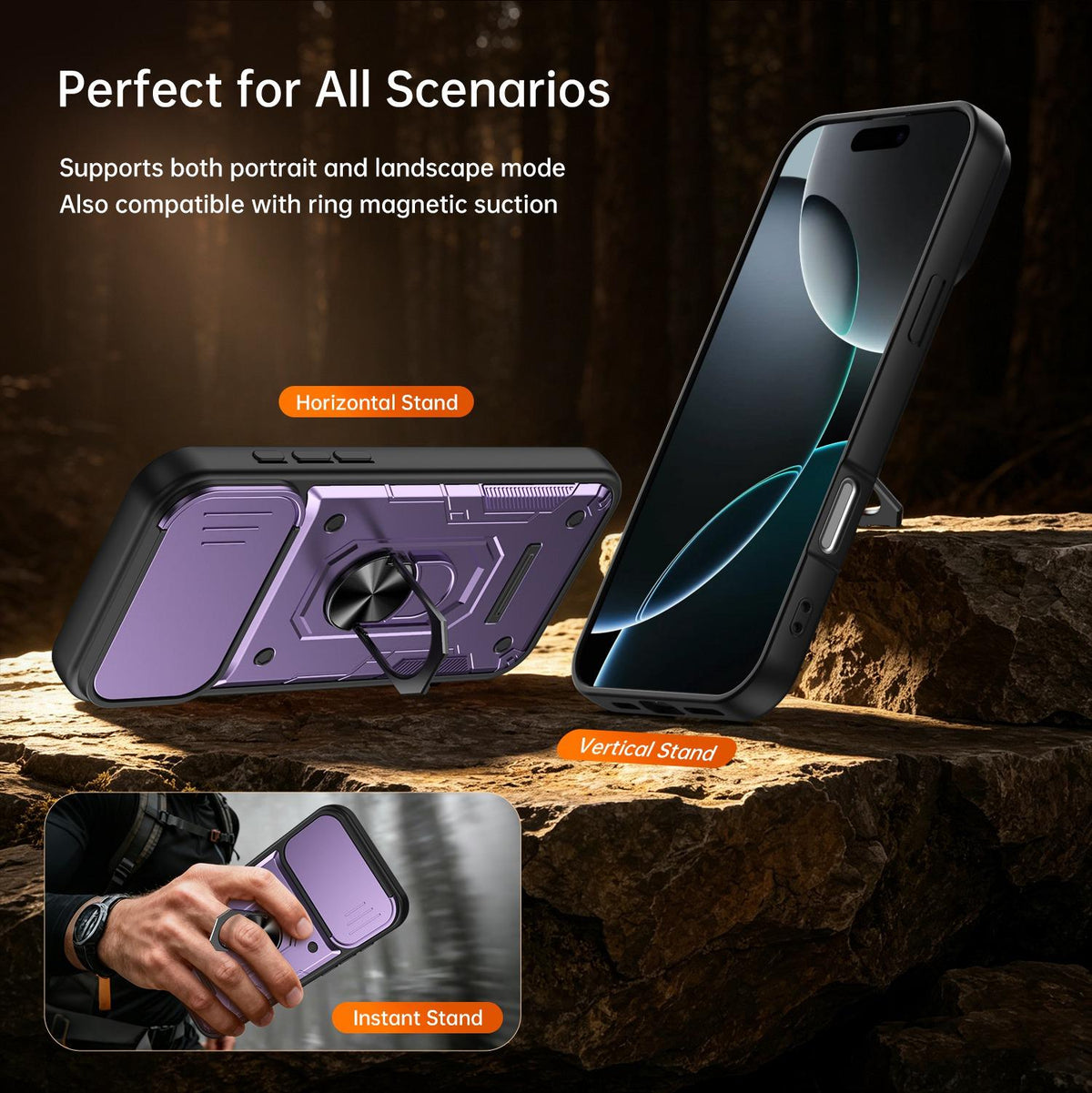 For iPhone 16 Pro Max Nanshan Armor Sliding Camshield Ring Holder Phone Case - Purple - EDA009714304E