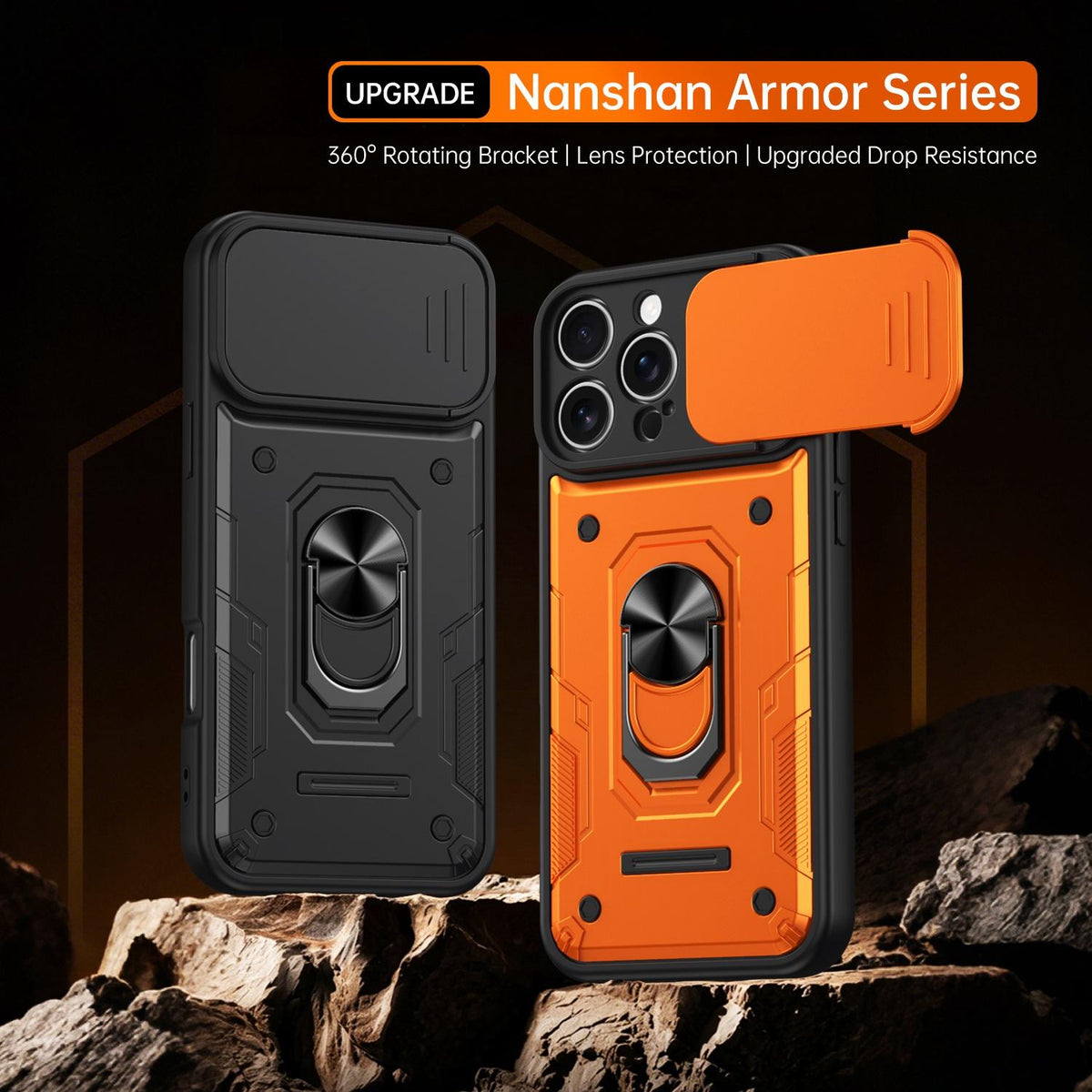 For iPhone 16 Pro Nanshan Armor Sliding Camshield Ring Holder Phone Case - Orange - EDA009714305A