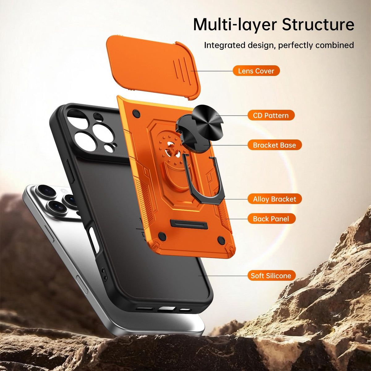 For iPhone 16 Pro Nanshan Armor Sliding Camshield Ring Holder Phone Case - Orange - EDA009714305A