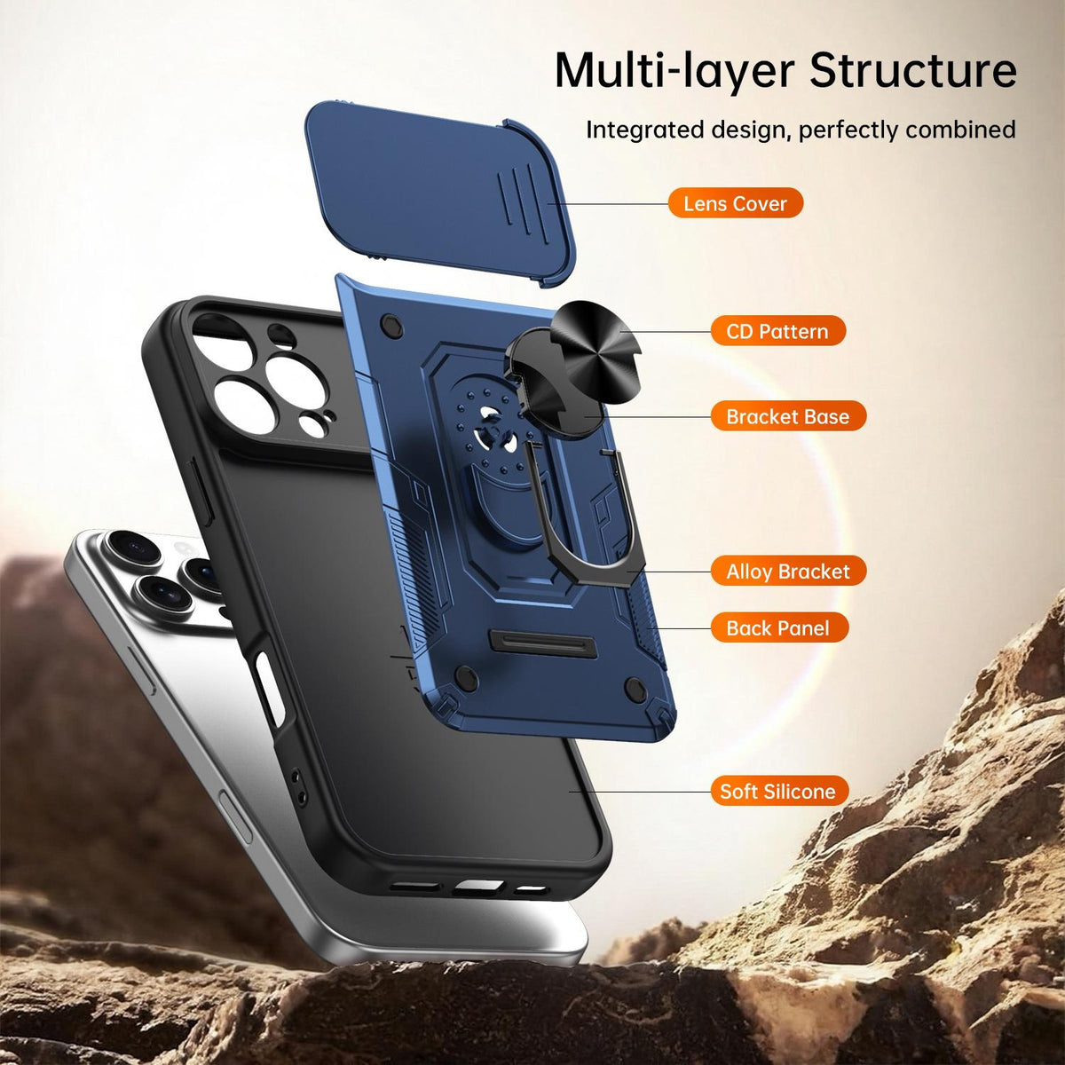 For iPhone 16 Pro Nanshan Armor Sliding Camshield Ring Holder Phone Case - Blue - EDA009714305B