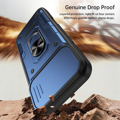 For iPhone 16 Pro Nanshan Armor Sliding Camshield Ring Holder Phone Case - Blue - EDA009714305B