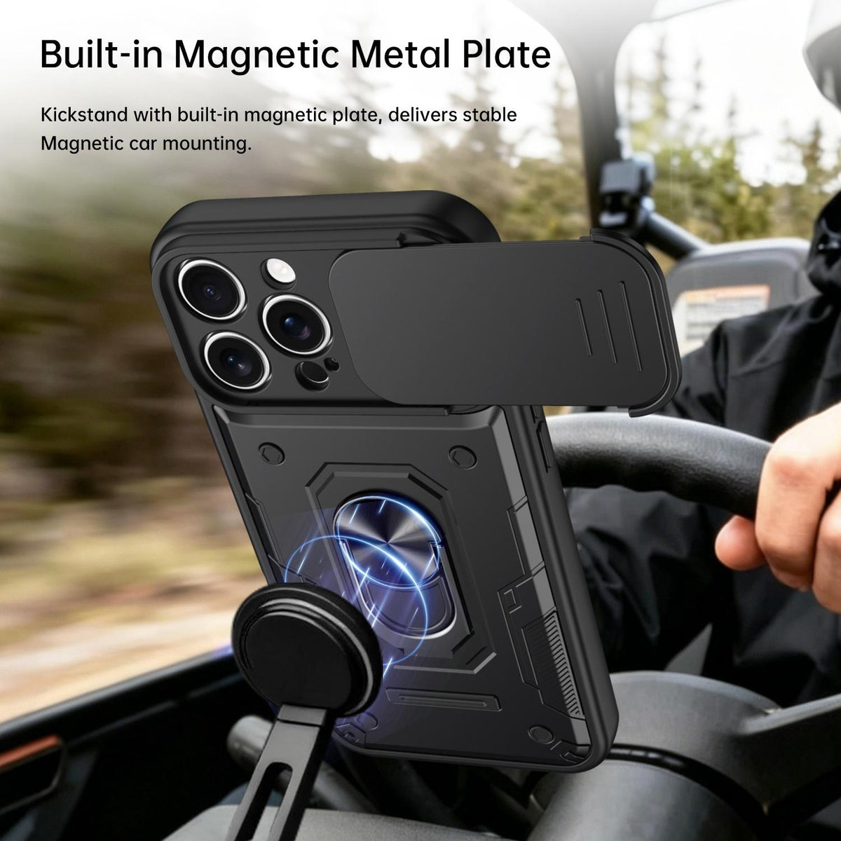 For iPhone 16 Pro Nanshan Armor Sliding Camshield Ring Holder Phone Case - Black - EDA009714305C