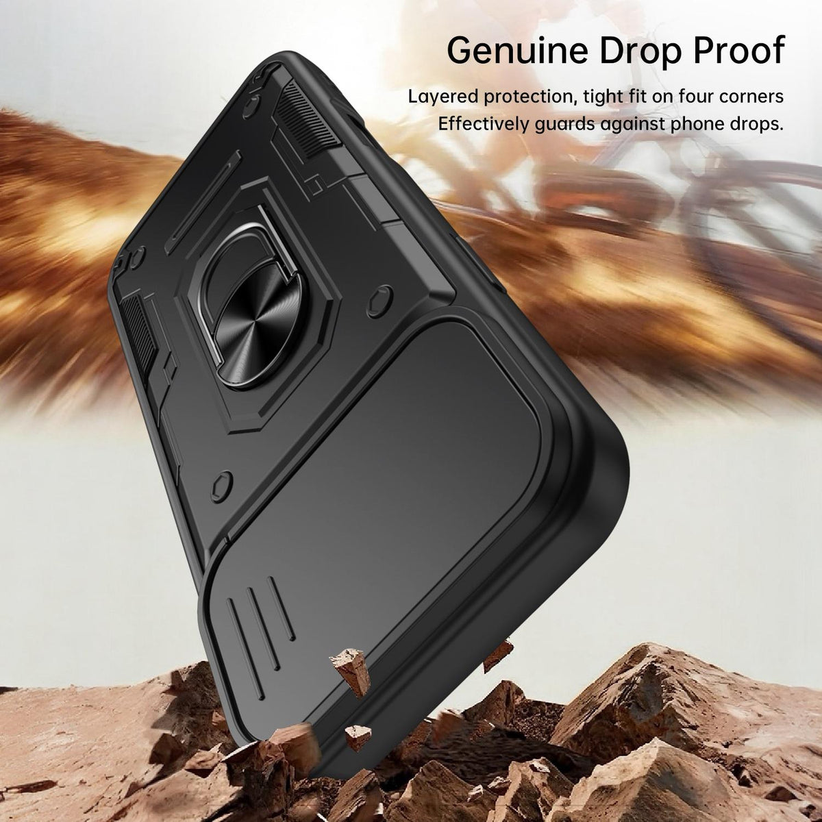 For iPhone 16 Pro Nanshan Armor Sliding Camshield Ring Holder Phone Case - Black - EDA009714305C