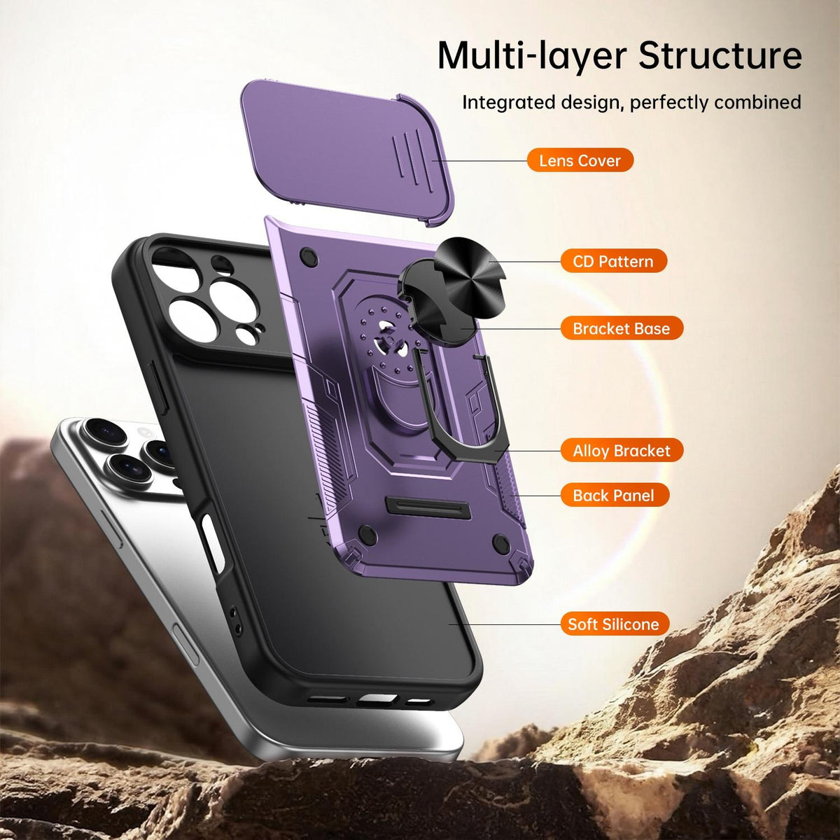 For iPhone 16 Pro Nanshan Armor Sliding Camshield Ring Holder Phone Case - Purple - EDA009714305E