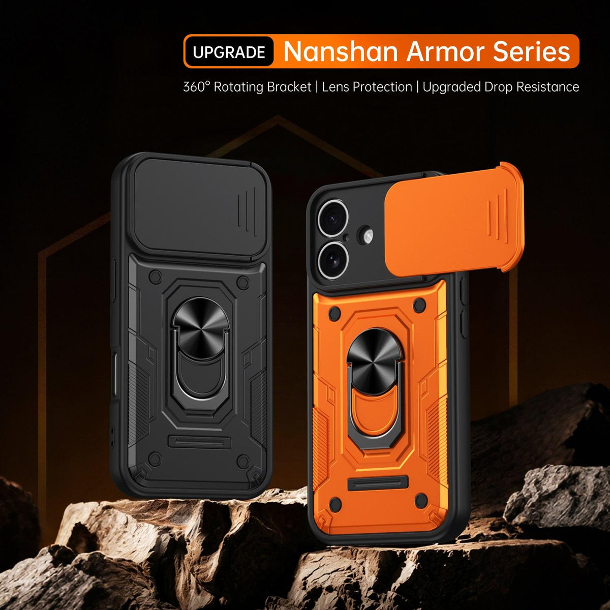 For iPhone 16 Nanshan Armor Sliding Camshield Ring Holder Phone Case - Orange - EDA009714306A