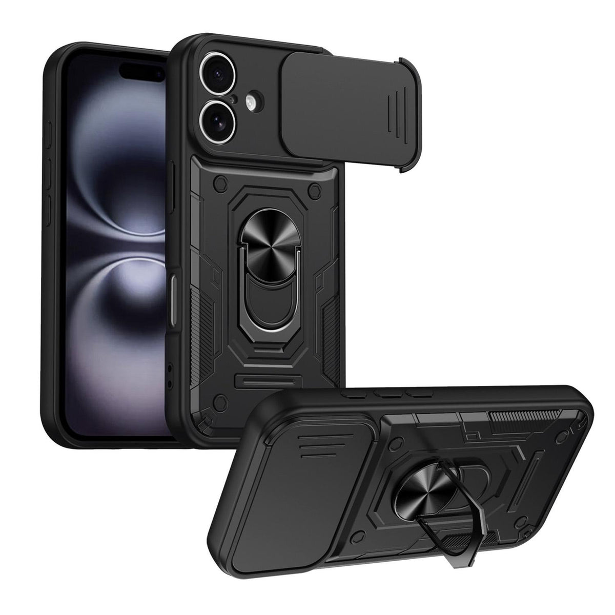 For iPhone 16 Nanshan Armor Sliding Camshield Ring Holder Phone Case - Black - EDA009714306C
