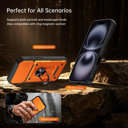 For iPhone 16 Nanshan Armor Sliding Camshield Ring Holder Phone Case - Black - EDA009714306C