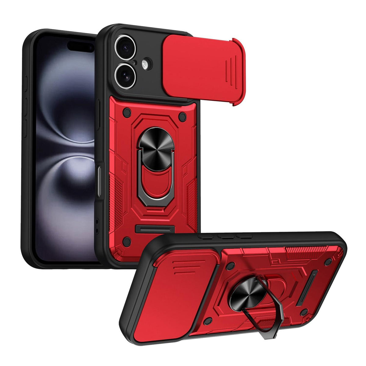 For iPhone 16 Nanshan Armor Sliding Camshield Ring Holder Phone Case - Red - EDA009714306D