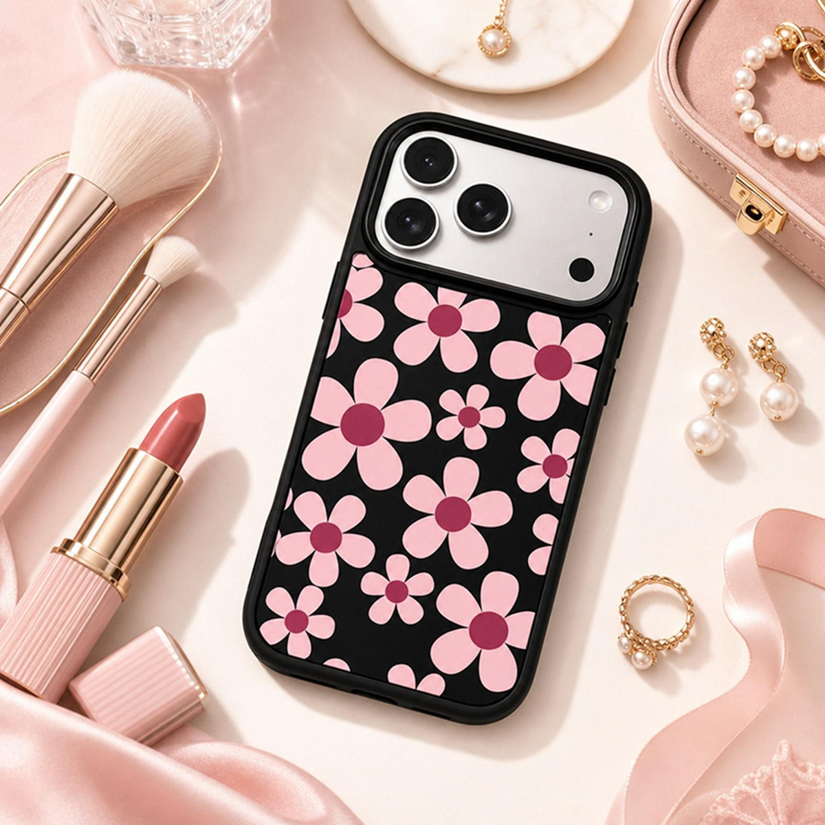 For iPhone 18 Pro /  17 Pro Bouquet Pattern Anti-Drop PC Silicone Phone Case - Cherry Blossoms - EDA009714502A