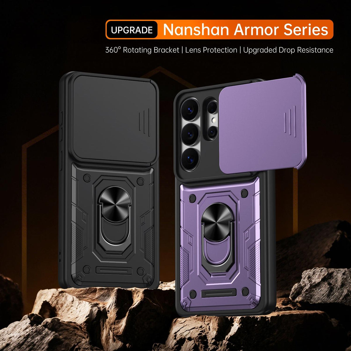 For Galaxy S26 Ultra 5G Nanshan Armor Sliding Camshield Ring Holder Phone Case - Orange - EDA009714701A