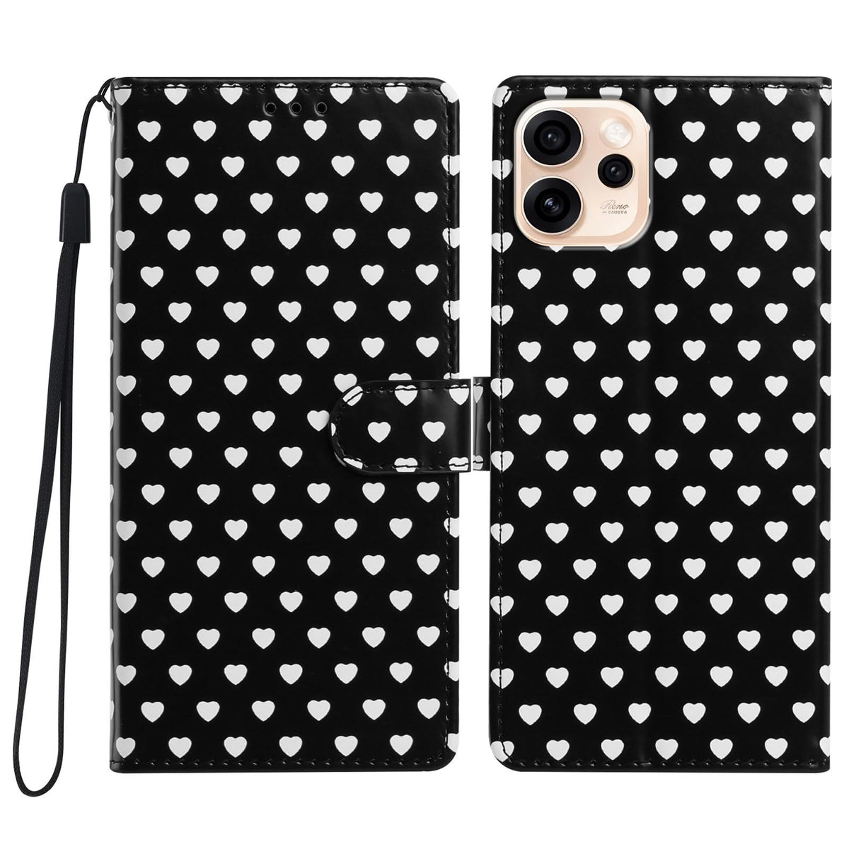 For OPPO Reno15 Pro India Hearts Pattern Buckle Vegan Leather Phone Case with Strap - Black Hearts - EDA009716201A