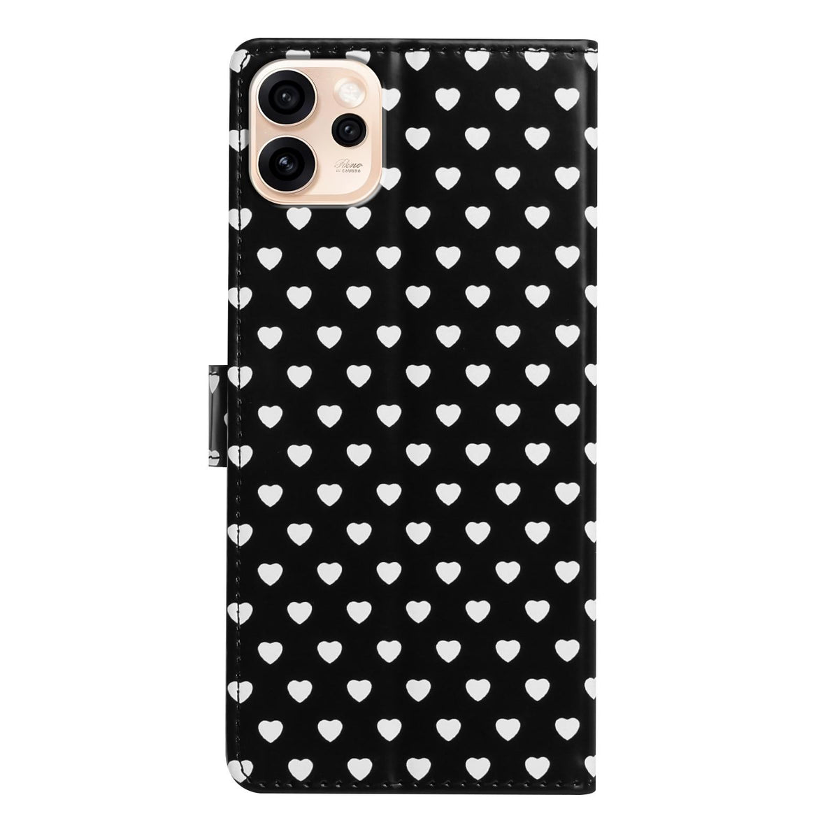 For OPPO Reno15 Pro India Hearts Pattern Buckle Vegan Leather Phone Case with Strap - Black Hearts - EDA009716201A