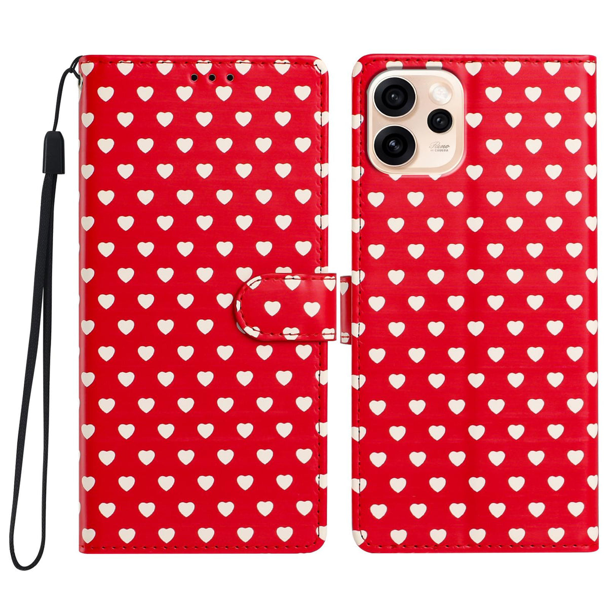 For OPPO Reno15 Pro India Hearts Pattern Buckle Vegan Leather Phone Case with Strap - Red Hearts - EDA009716201C