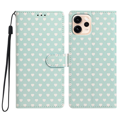 For OPPO Reno15 Pro India Hearts Pattern Buckle Vegan Leather Phone Case with Strap - Mint Green Hearts - EDA009716201D