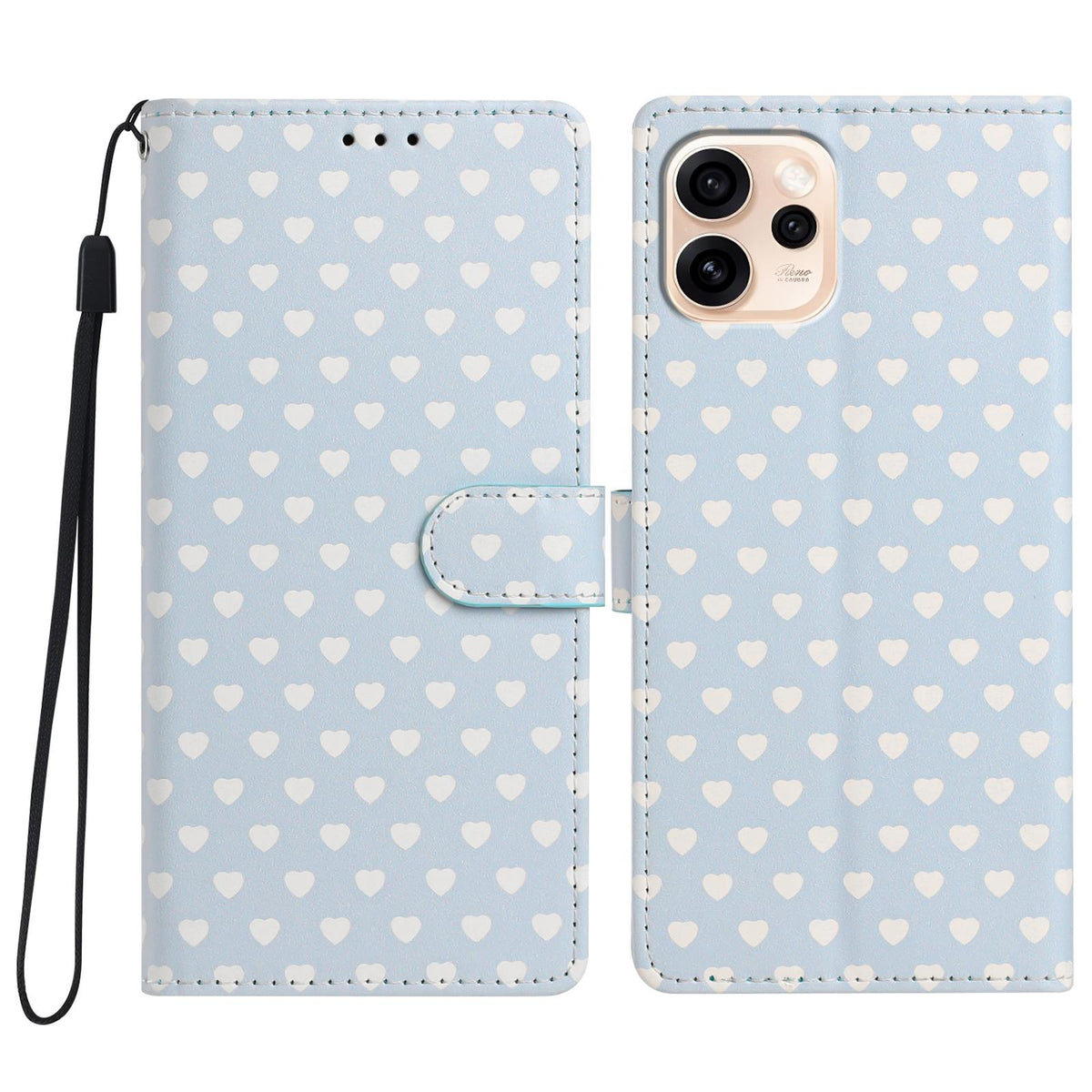 For OPPO Reno15 Pro India Hearts Pattern Buckle Vegan Leather Phone Case with Strap - Blue Hearts - EDA009716201E