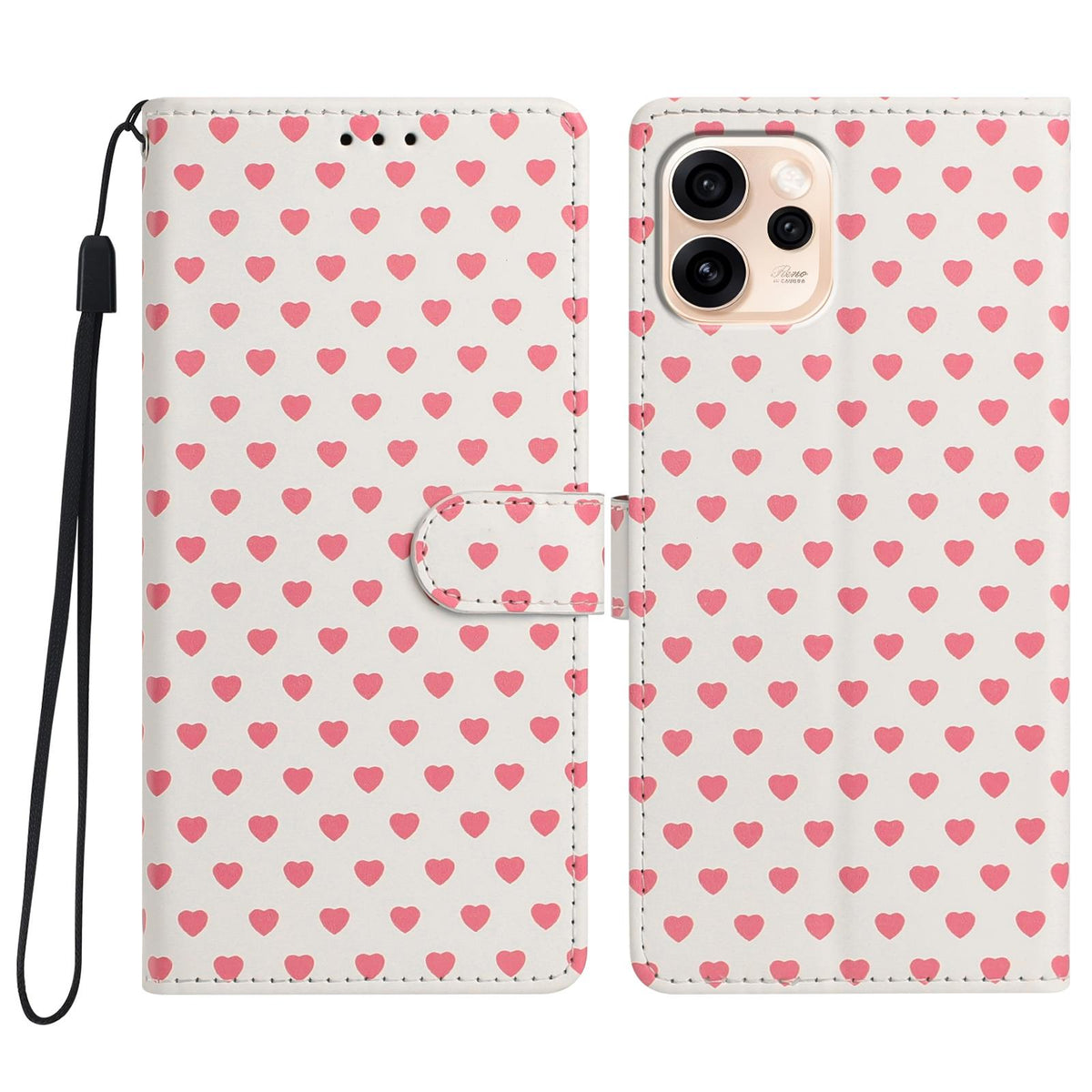 For OPPO Reno15 Pro India Hearts Pattern Buckle Vegan Leather Phone Case with Strap - Beige Hearts - EDA009716201F