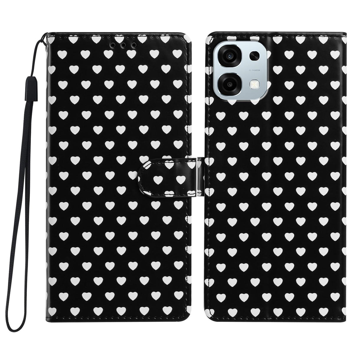For OPPO A6 Pro 5G Global CPH2781 Hearts Pattern Buckle Vegan Leather Phone Case with Strap - Black Hearts - EDA009716204A