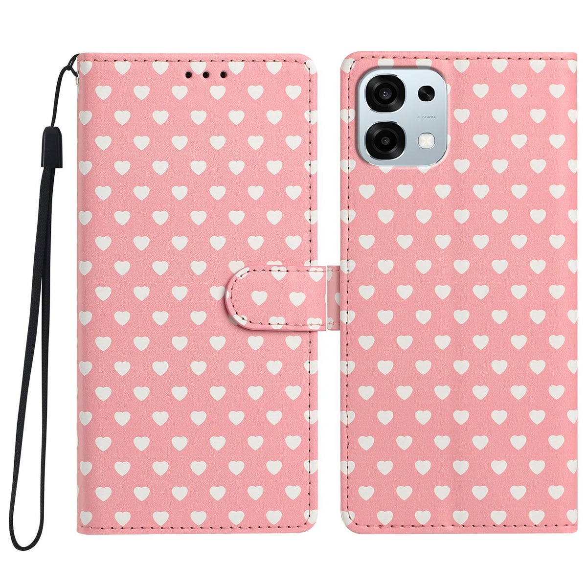 For OPPO A6 Pro 5G Global CPH2781 Hearts Pattern Buckle Vegan Leather Phone Case with Strap - Pink Hearts - EDA009716204B