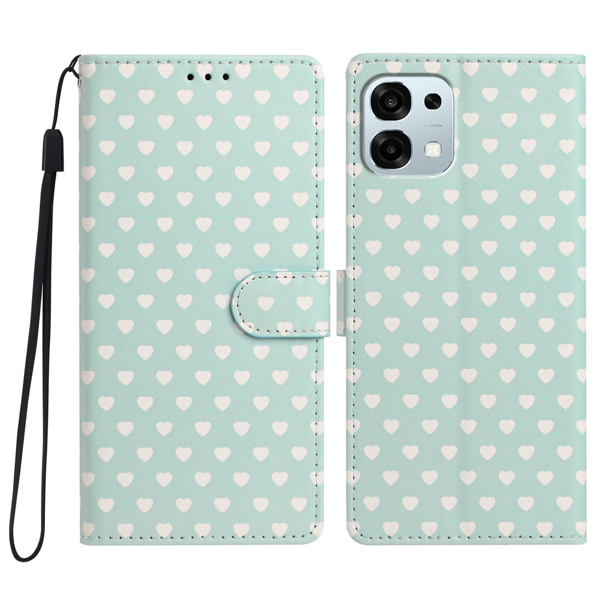 For OPPO A6 Pro 5G Global CPH2781 Hearts Pattern Buckle Vegan Leather Phone Case with Strap - Mint Green Hearts - EDA009716204D