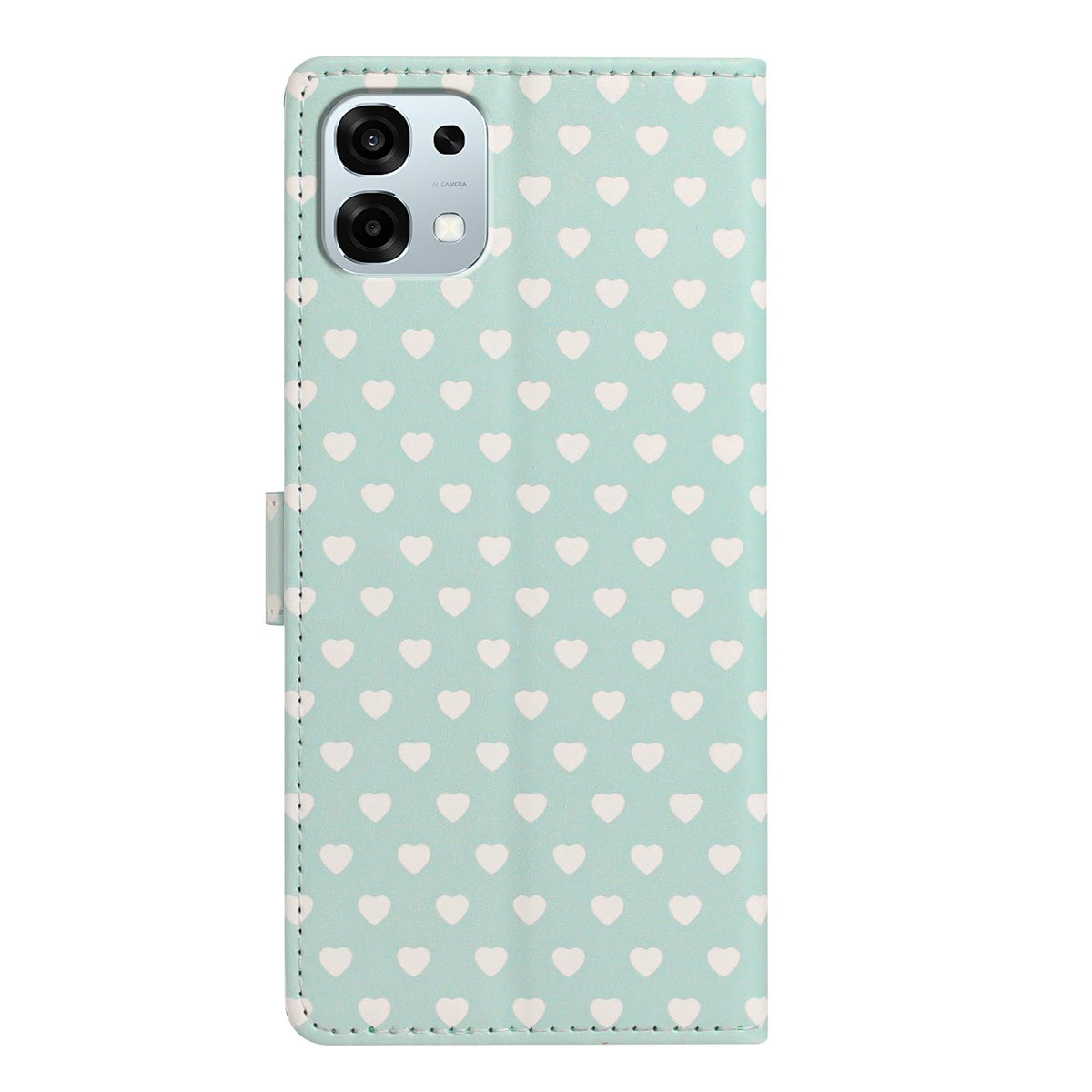 For OPPO A6 Pro 5G Global CPH2781 Hearts Pattern Buckle Vegan Leather Phone Case with Strap - Mint Green Hearts - EDA009716204D