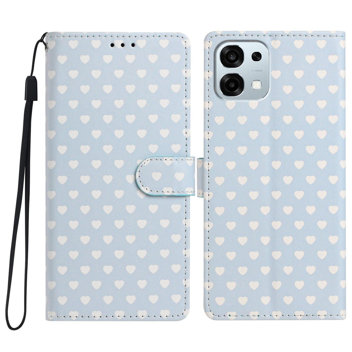 For OPPO A6 Pro 5G Global CPH2781 Hearts Pattern Buckle Vegan Leather Phone Case with Strap - Blue Hearts - EDA009716204E