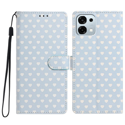 For OPPO A6 Pro 5G Global CPH2781 Hearts Pattern Buckle Vegan Leather Phone Case with Strap - Blue Hearts - EDA009716204E