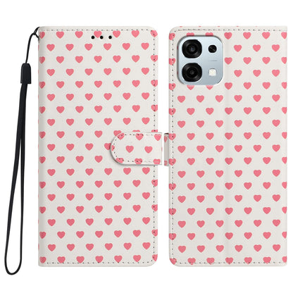 For OPPO A6 Pro 5G Global CPH2781 Hearts Pattern Buckle Vegan Leather Phone Case with Strap - Beige Hearts - EDA009716204F